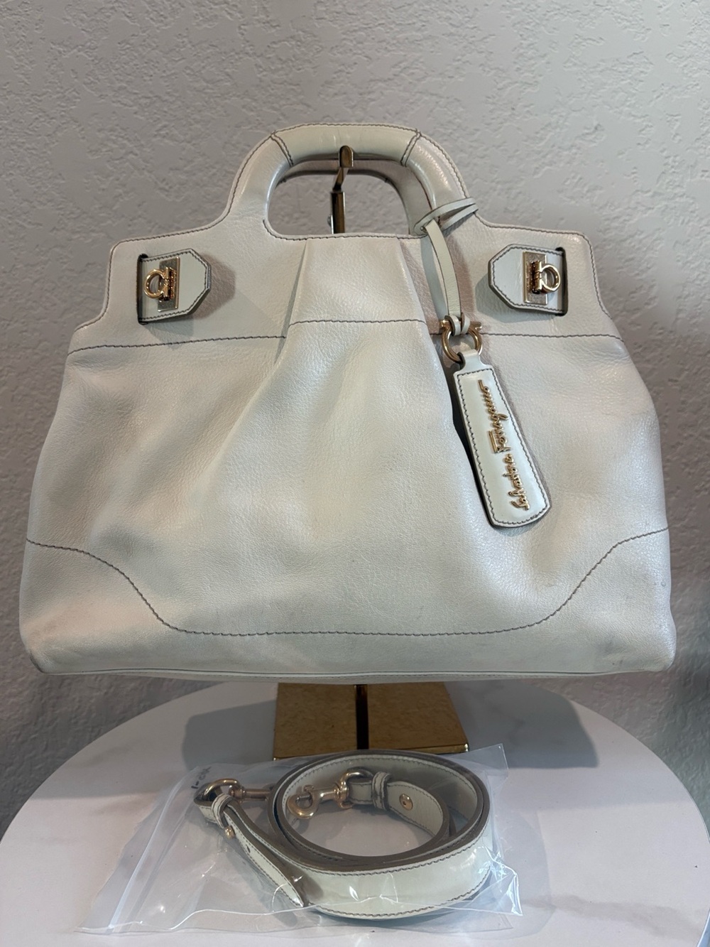 Salvatore Ferragamo Cream Leather Top-Handle Satchel with Crossbody Strap